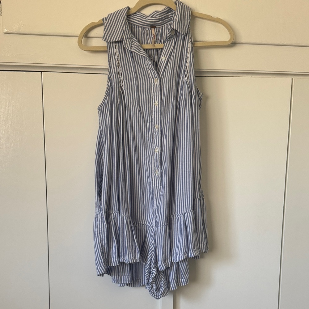 Free People Blue and White Striped Sleeveless Romper